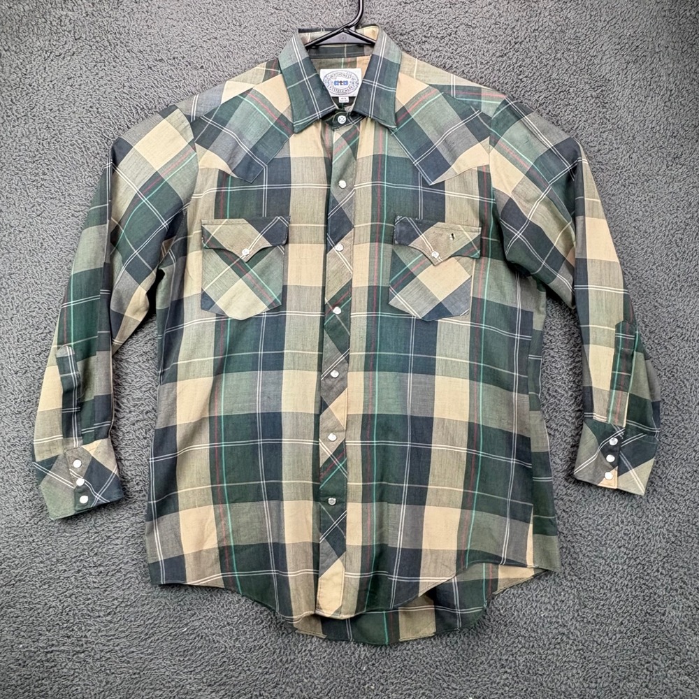 Anthonys Western Wear Mens Green Plaid Pearl‎ Snap Shirt Long Sleeve 16.5 32/33